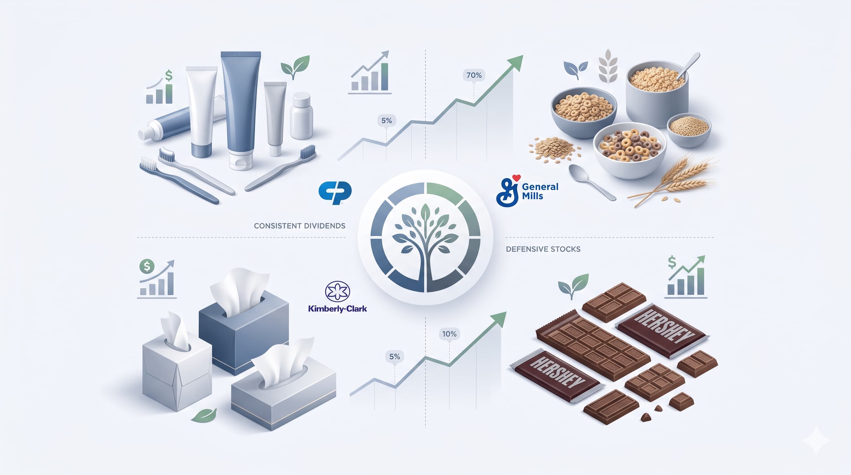 $100,000 defensive consumer staples dividend portfolio featuring Colgate-Palmolive, General Mills, Kimberly-Clark, and Hershey.
