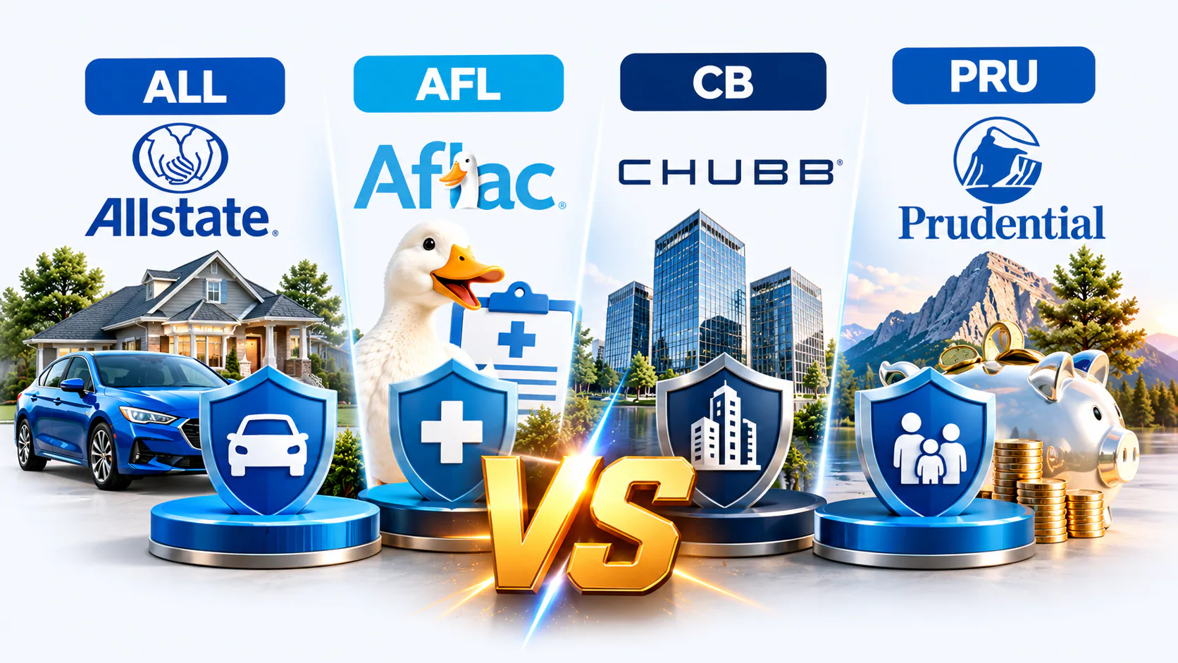 Allstate (ALL), Aflac (AFL), Chubb (CB), and Prudential Financial (PRU) compared in a DividendXray insurance dividend stock battle.