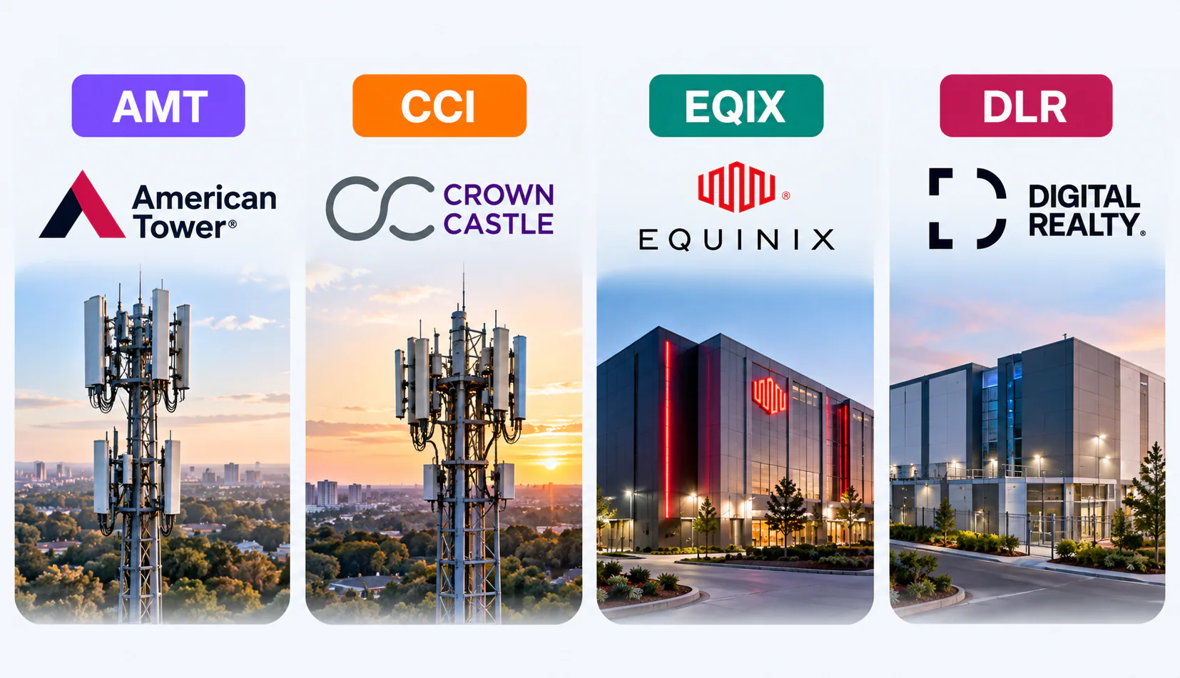 AMT, CCI, EQIX, and DLR infrastructure REIT comparison featuring telecommunications towers and data centers.