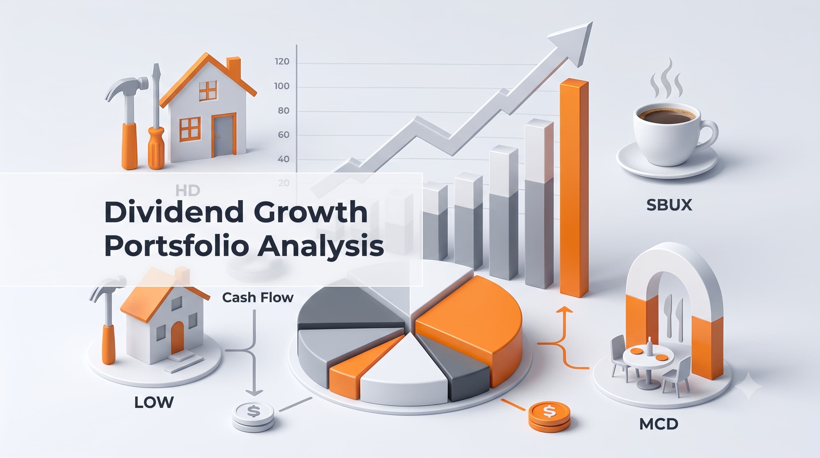 Consumer dividend growth portfolio featuring Home Depot, Lowe's, McDonald's, and Starbucks with rising dividend income and portfolio analytics.