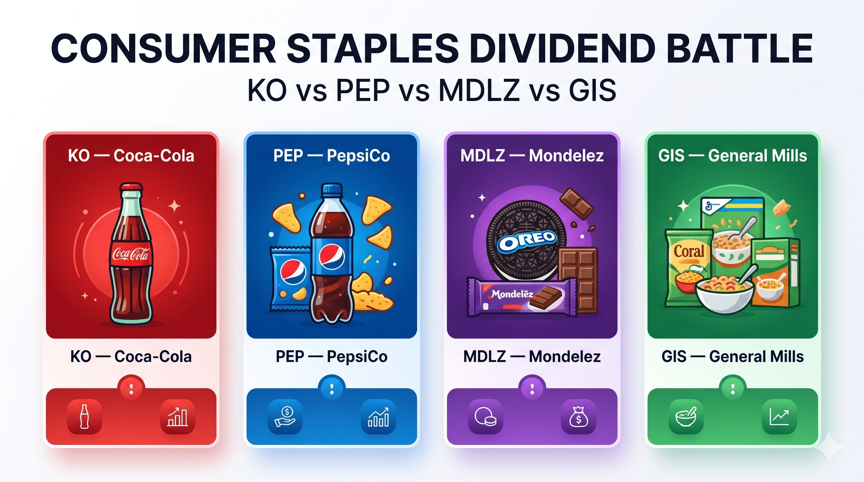 Consumer staples dividend battle comparing Coca-Cola, PepsiCo, Mondelez, and General Mills.