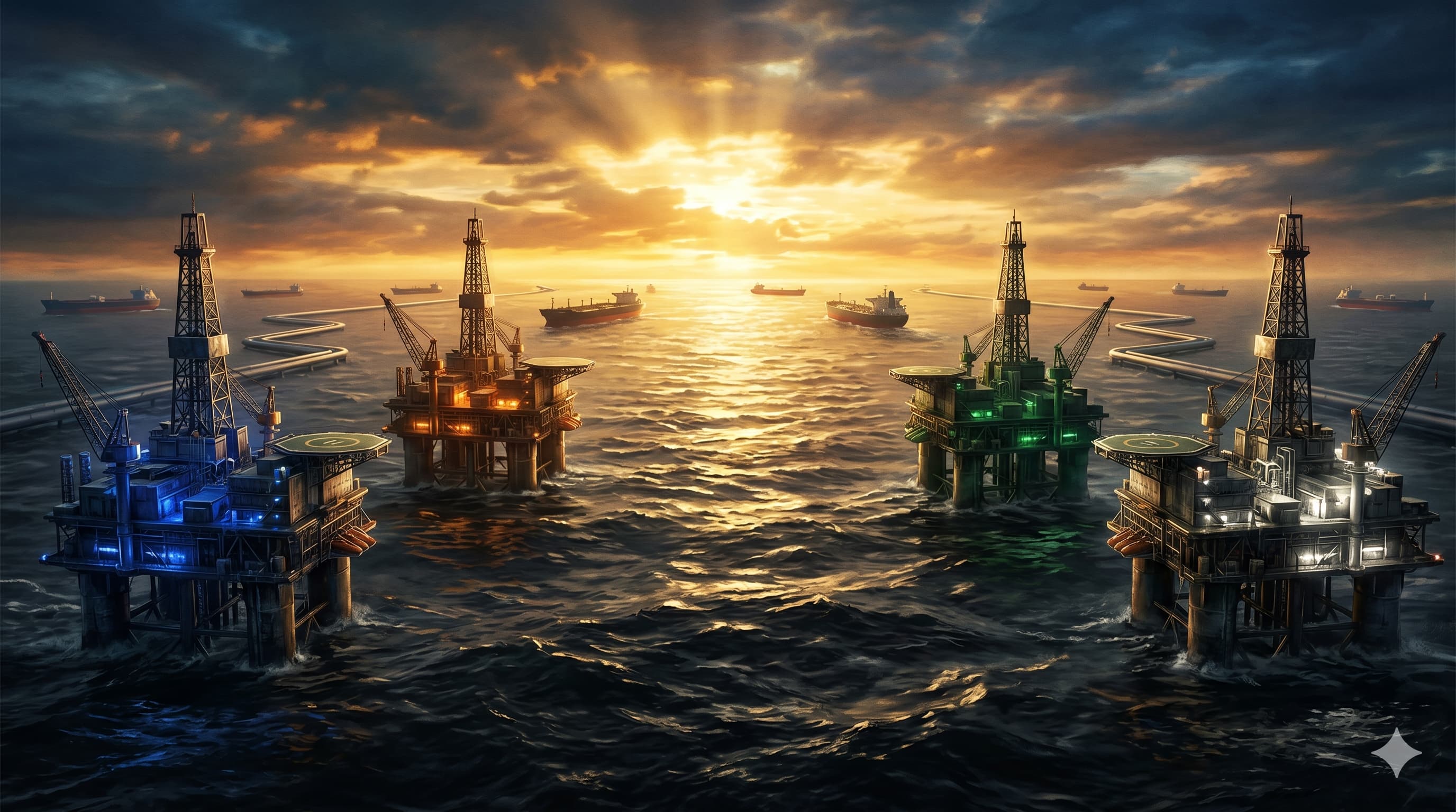 Illustration of global energy companies competing through massive offshore oil platforms representing Exxon, Chevron, Shell, and BP in a cinematic financial battle scene.