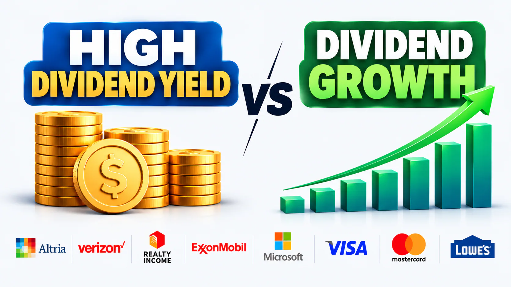High dividend yield versus dividend growth comparison featuring eight dividend stocks