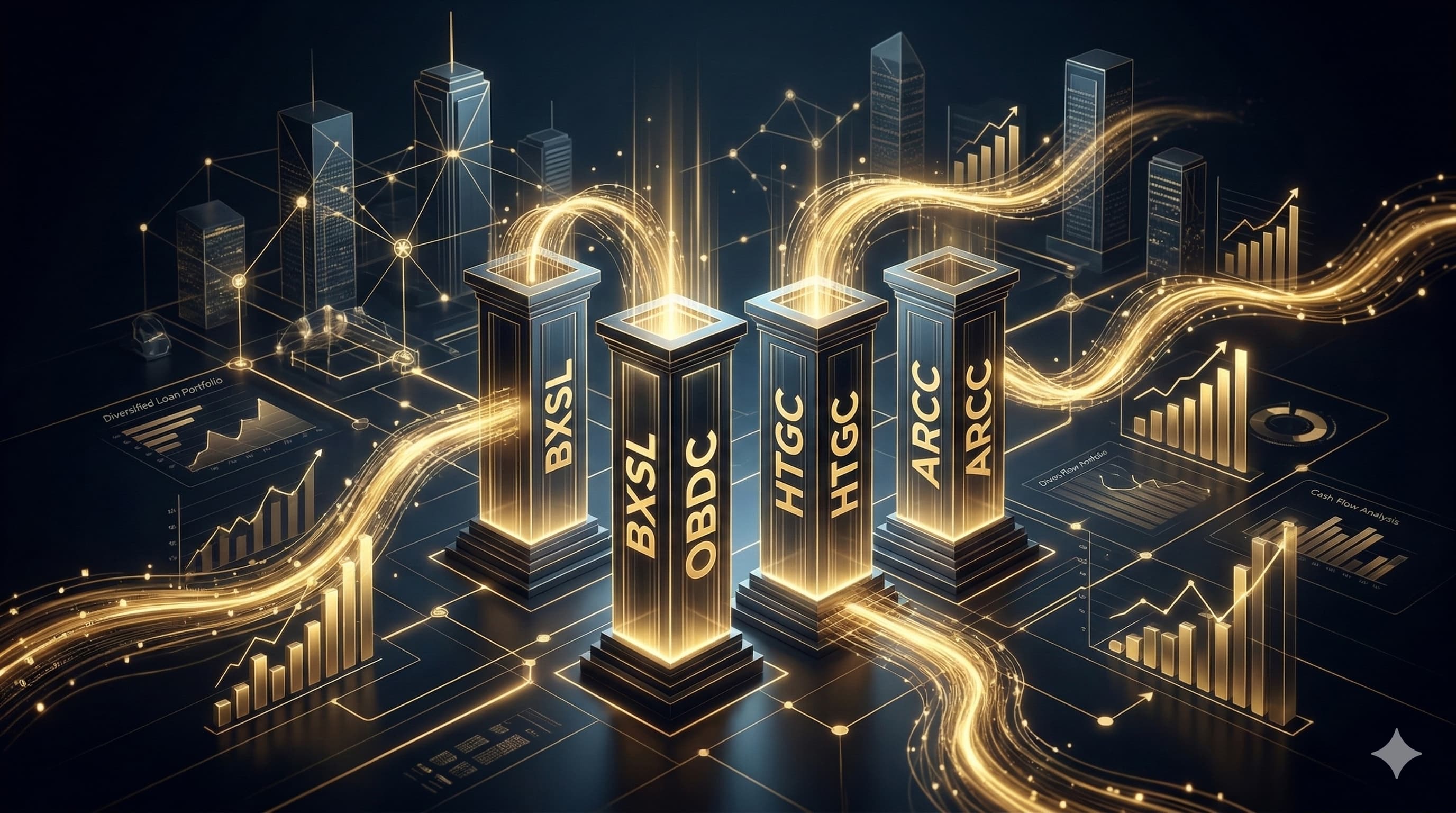High-yield BDC income portfolio visualization featuring BXSL, OBDC, HTGC, and ARCC representing private credit dividend investing