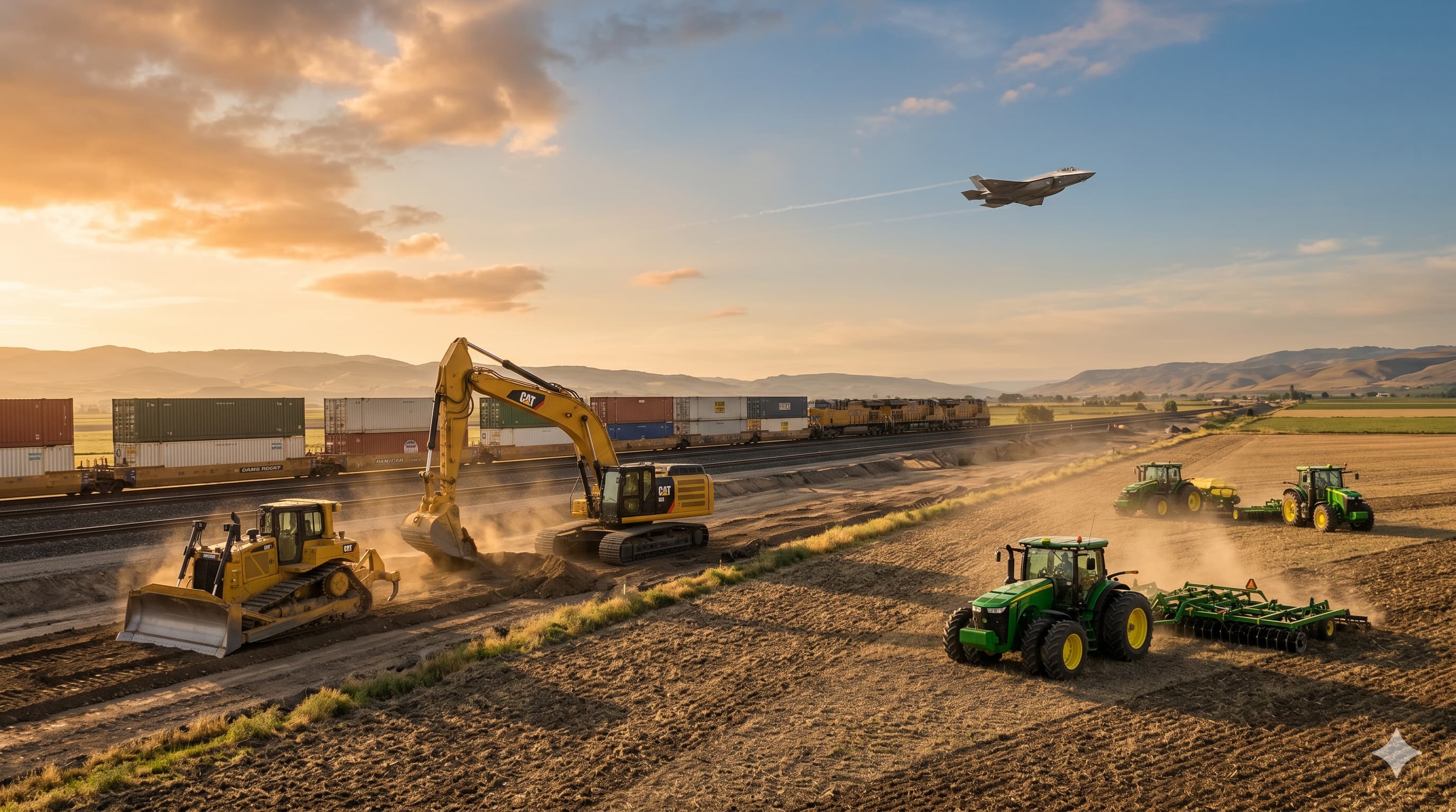 Industrial dividend portfolio featuring construction equipment, freight rail infrastructure, defense aerospace, and agricultural machinery representing CAT, LMT, UNP, and DE.
