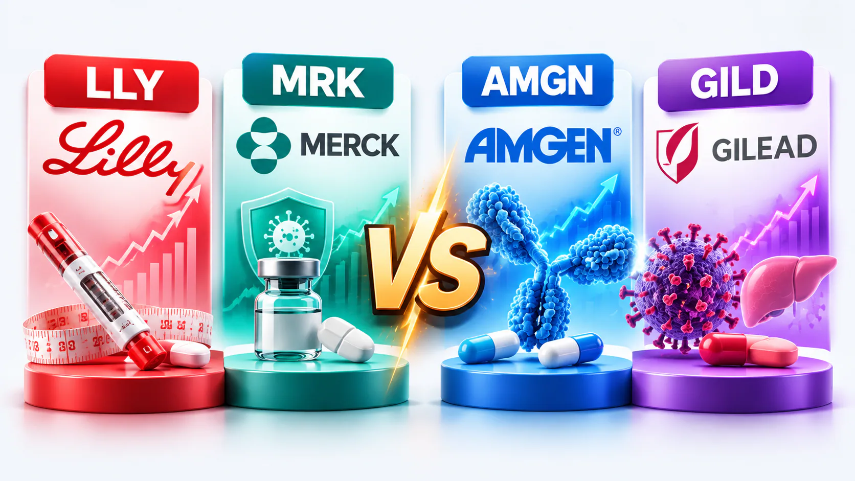 LLY vs MRK vs AMGN vs GILD pharmaceutical stock battle comparing Eli Lilly, Merck, Amgen, and Gilead Sciences.