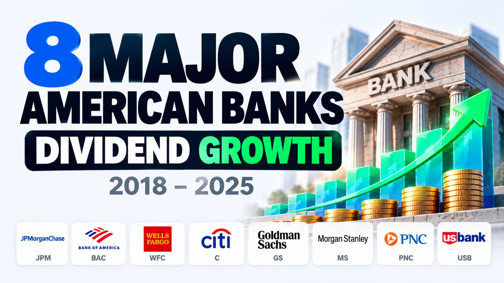 Eight major U.S. bank stocks compared by dividend growth from 2018 through 2025, including JPM, BAC, WFC, C, GS, MS, PNC and USB.
