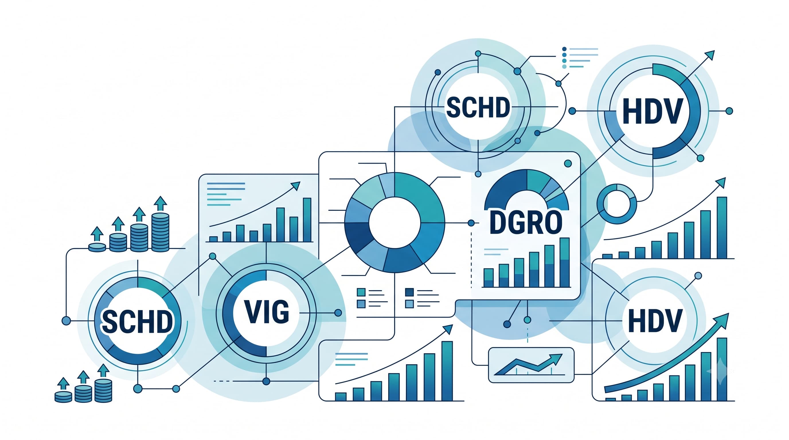 Comparison of SCHD, VIG, DGRO, VYM and HDV showing portfolio overlap and dividend income analysis.