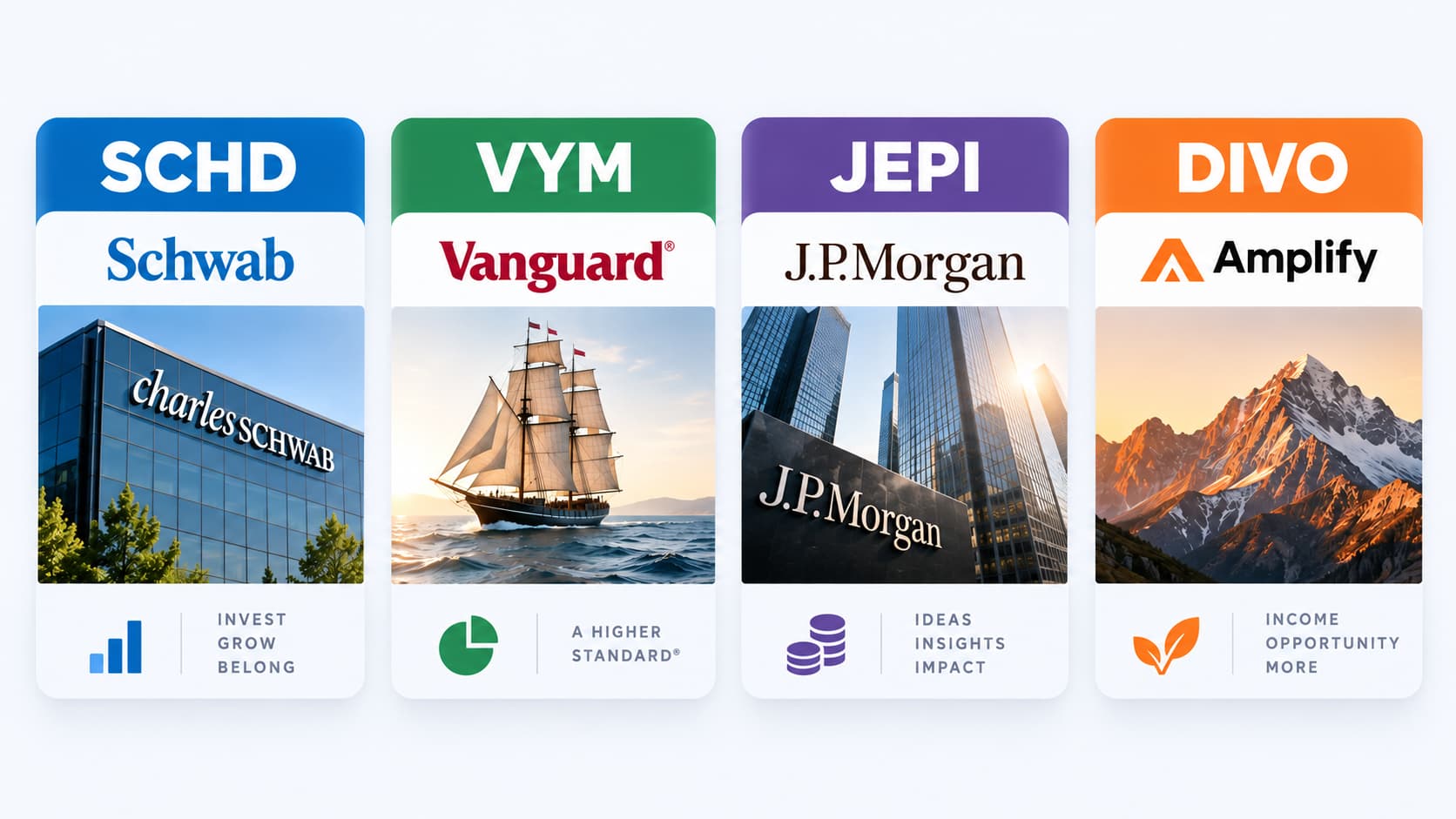 SCHD, VYM, JEPI, and DIVO income ETF comparison focused on current income and dividend growth.
