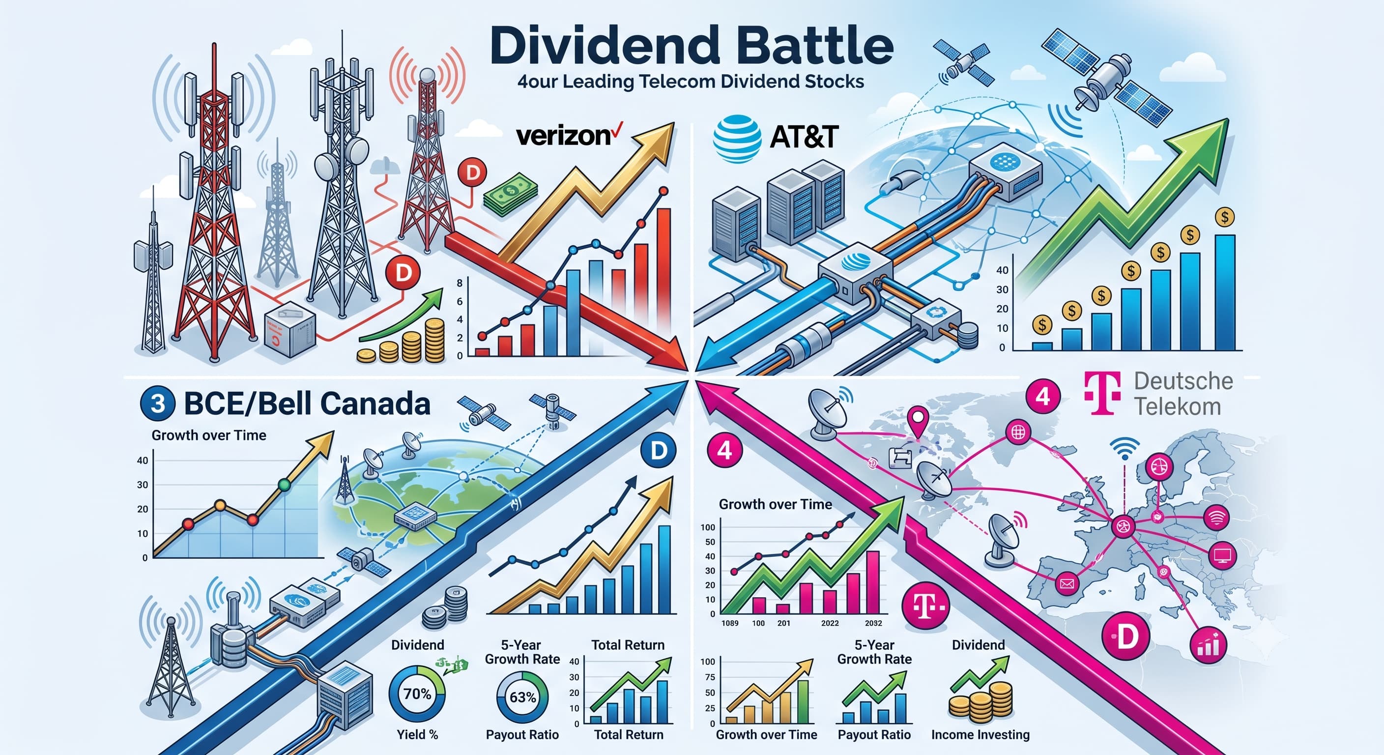 Telecom dividend stock battle comparing Verizon, AT&T, BCE, and Deutsche Telekom using DividendXray analytics.