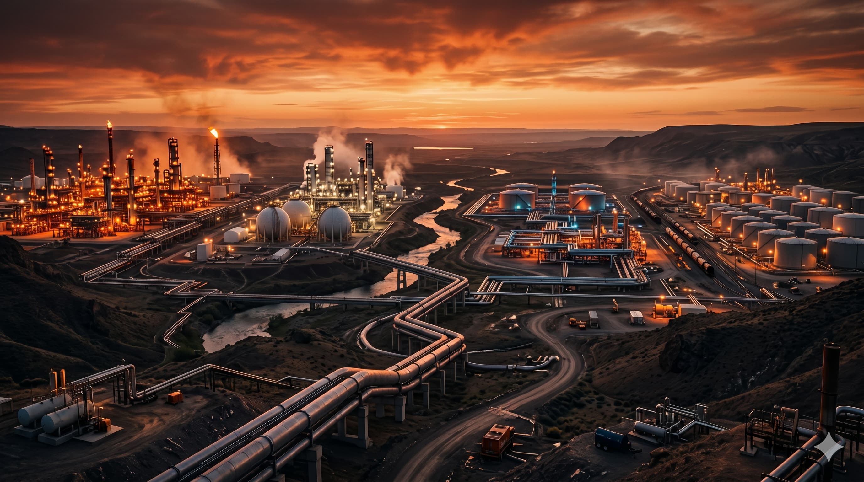 Cinematic energy infrastructure comparison featuring pipelines, storage facilities, and industrial midstream networks.
