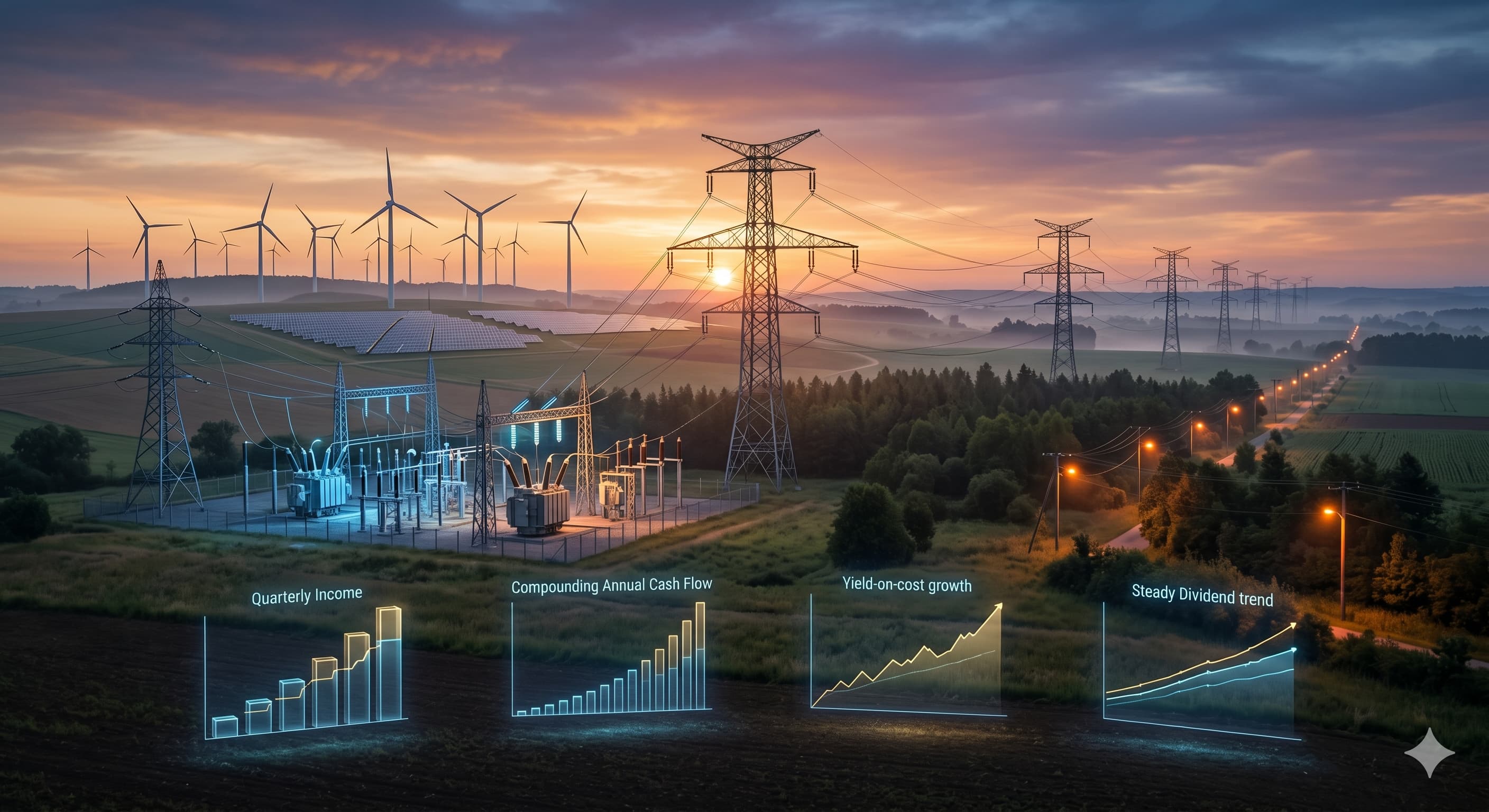 Cinematic utility infrastructure representing dividend income stability from regulated power companies including renewable energy, transmission lines, and electric grids.