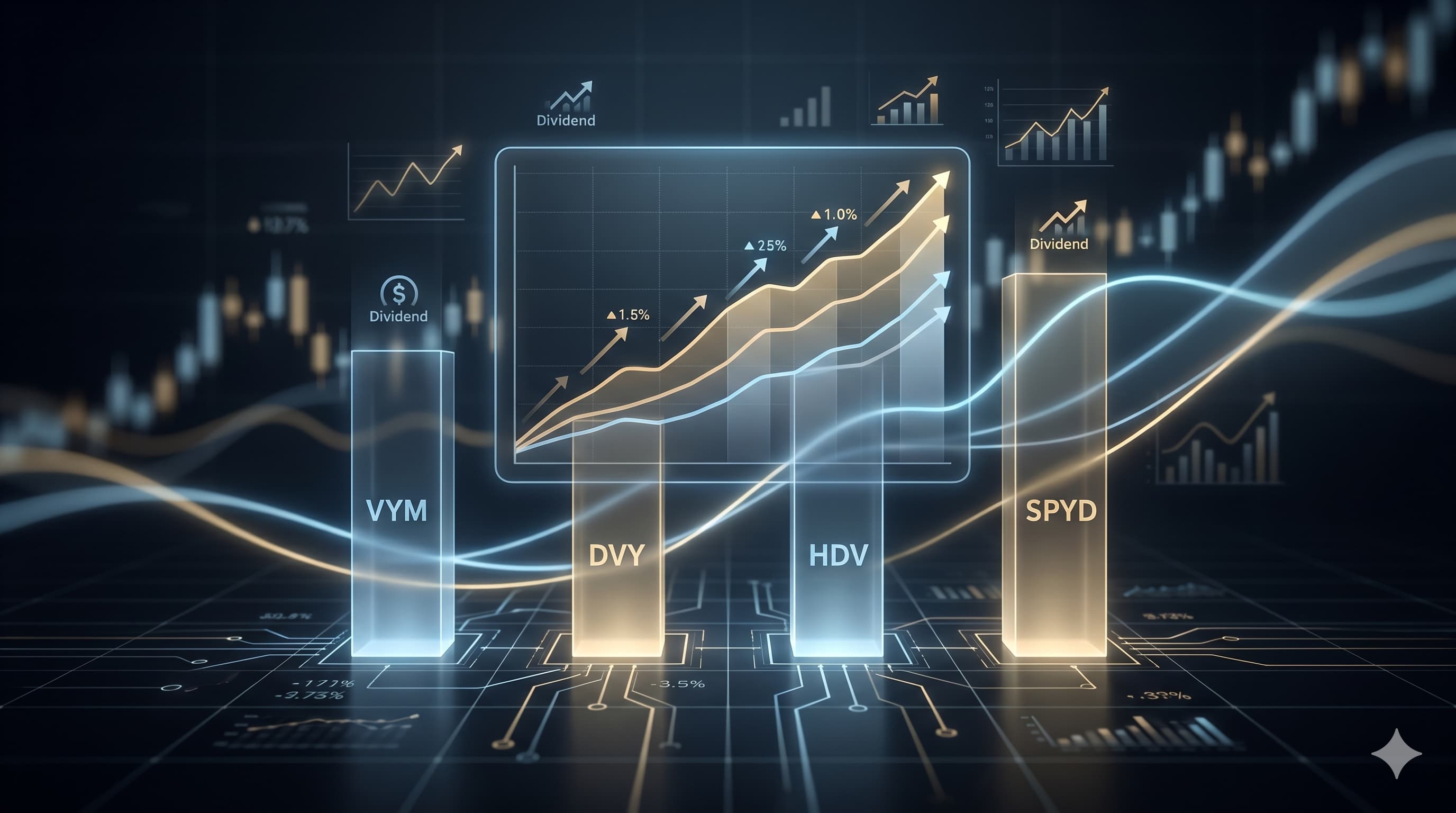 Dividend ETF comparison between VYM DVY HDV and SPYD visualizing dividend growth income and yield performance