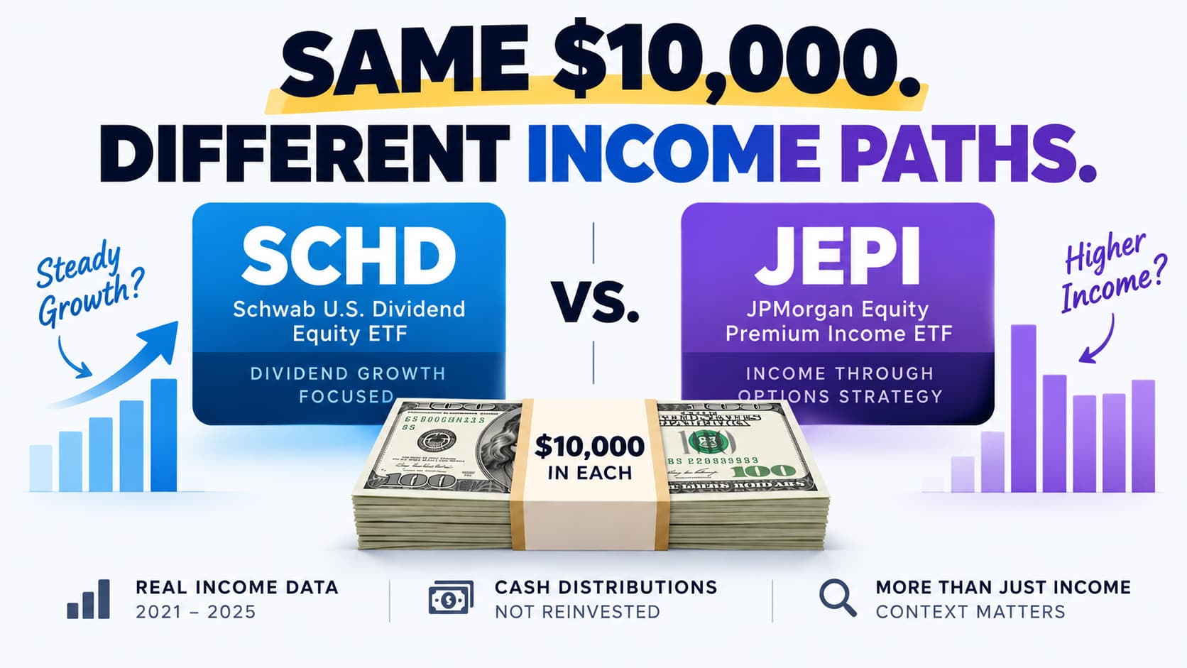 SCHD vs. JEPI $10,000 annual distribution income comparison from 2021 to 2025.